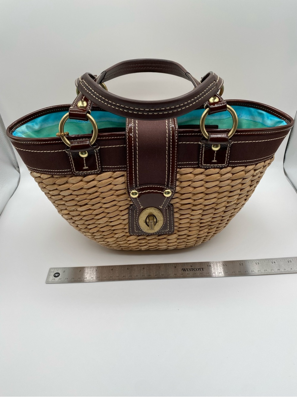 Coach Tan Woven Straw Tote with Dark Brown Leather Trim - Picture 8 of 16